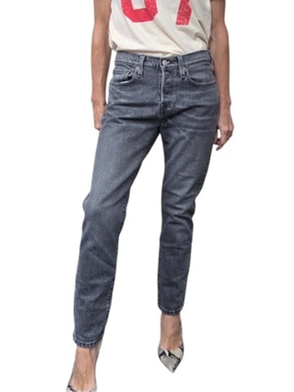 Levi's 501 T Taper Jeans W27 L28 Faded Black Button Fly Denim